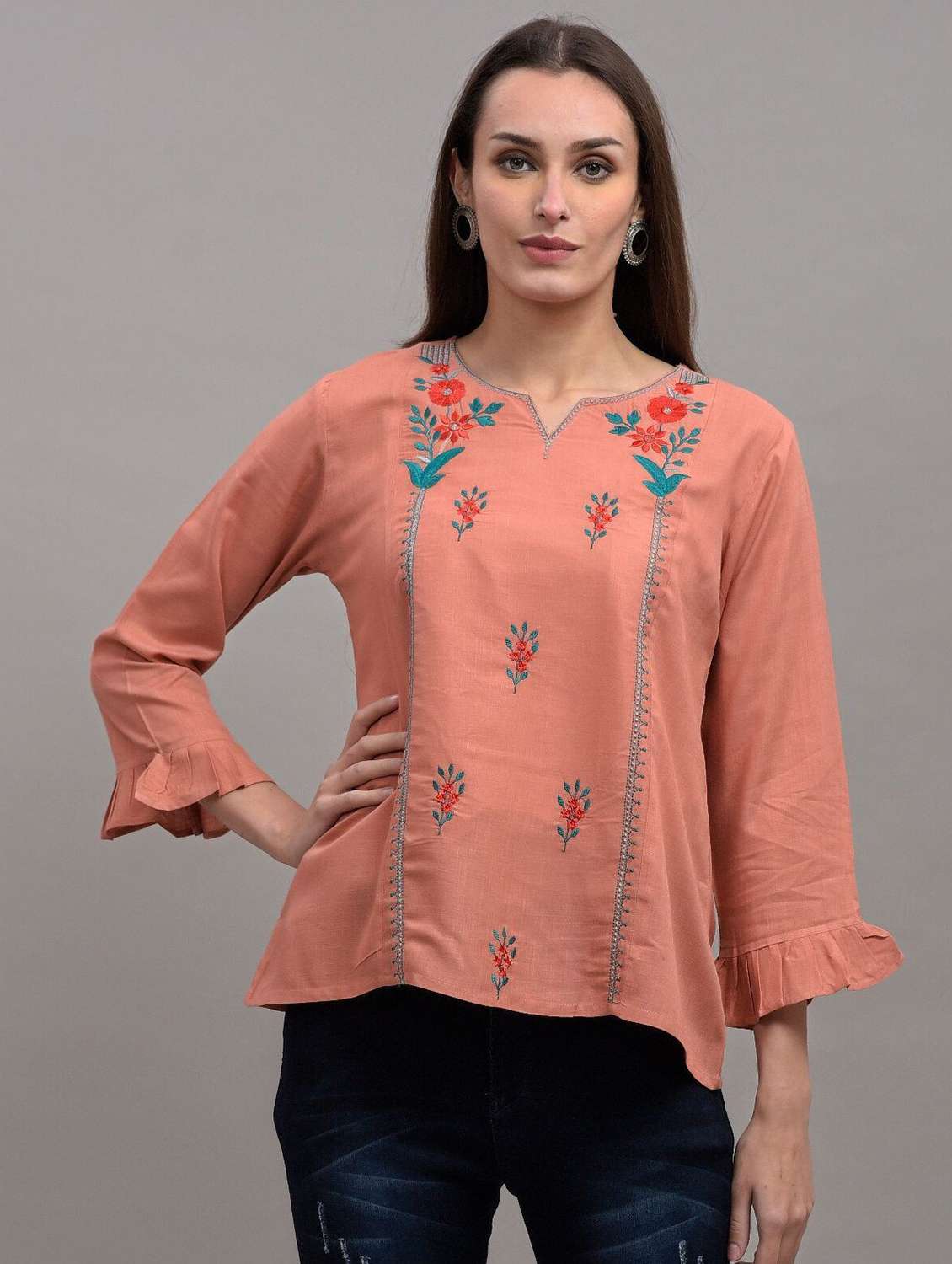 orange embroidered detailed regular top - 21145367 -  Zoom Image - 0