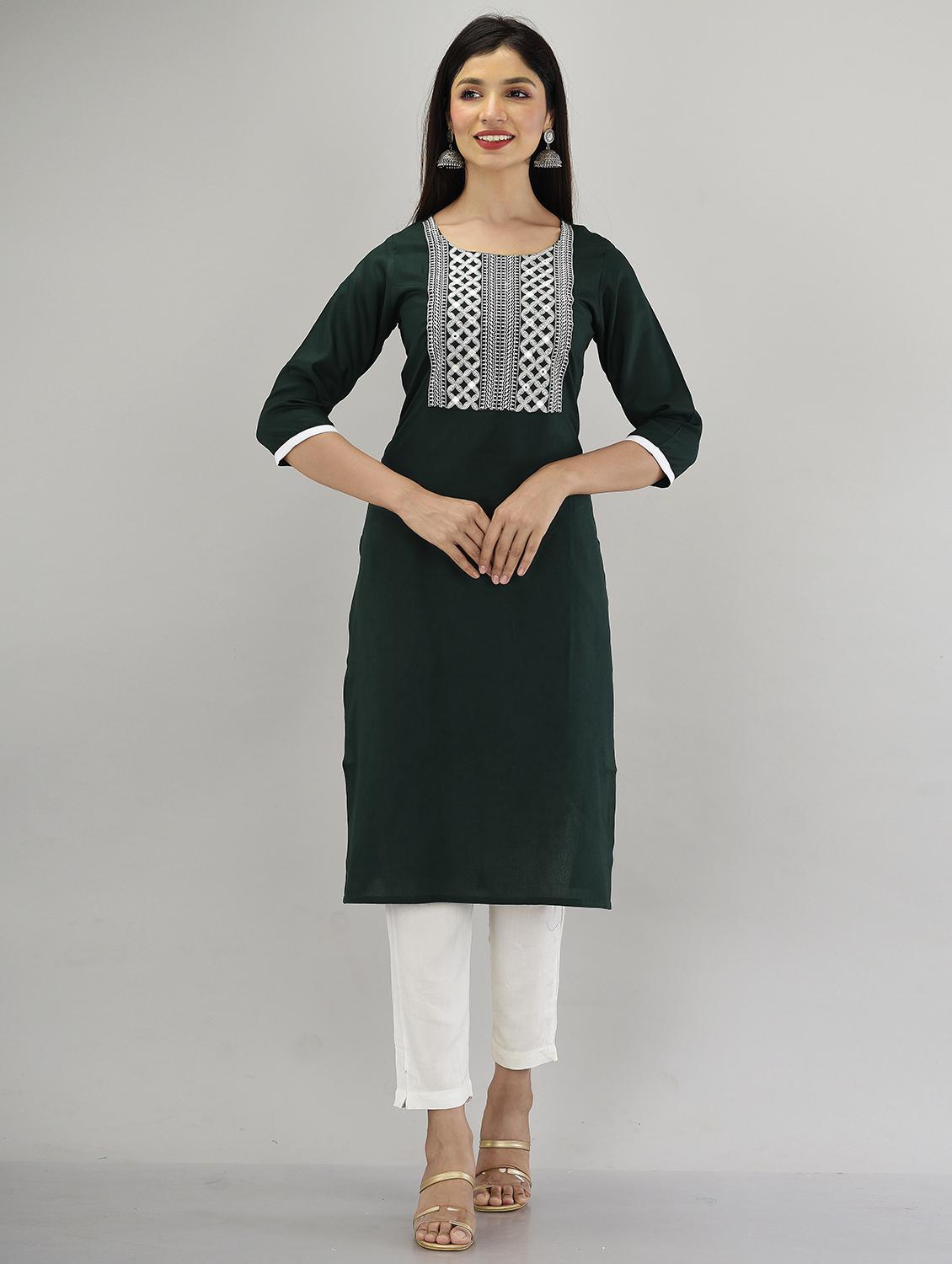 green embroidered straight kurta - 21145404 -  Zoom Image - 0