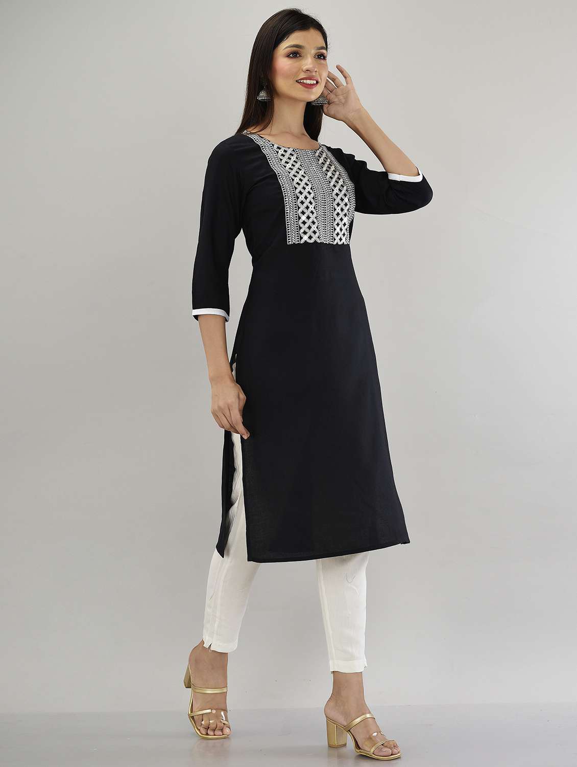 women neck embroidered straight kurta - 21145405 - Standard Image - 2