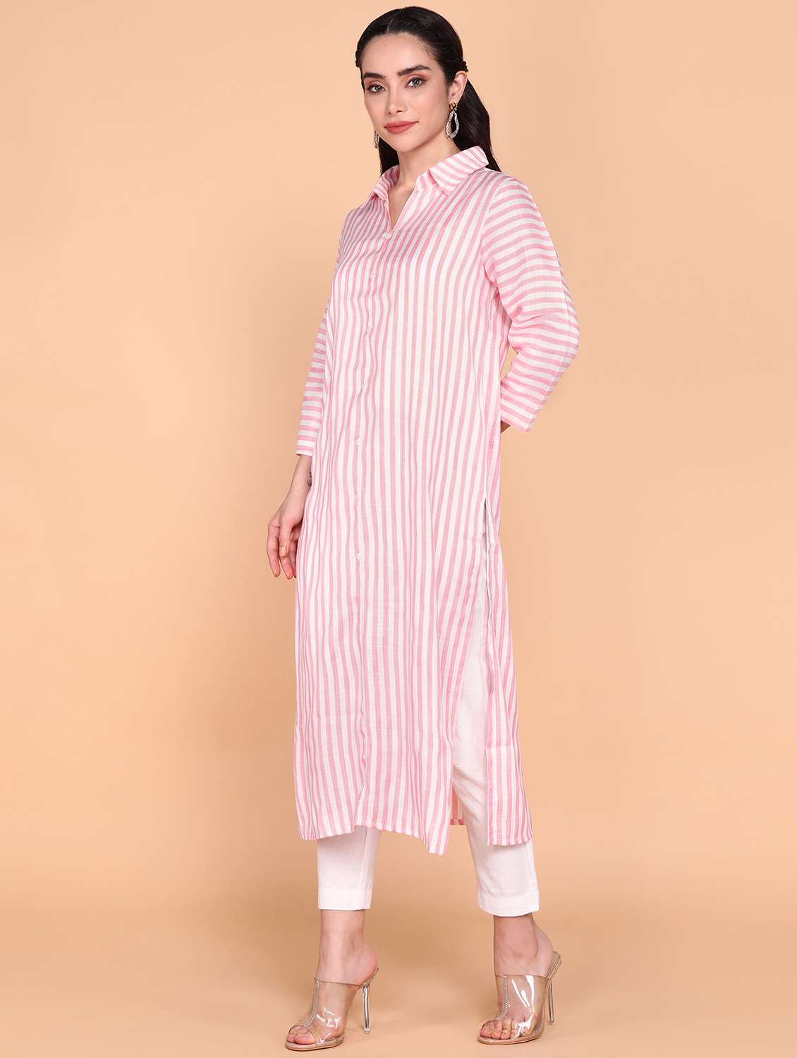 women striped collared straight kurta - 21145414 - Standard Image - 2