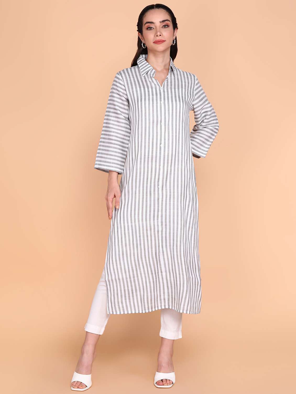 grey striped shirt collar straight kurta