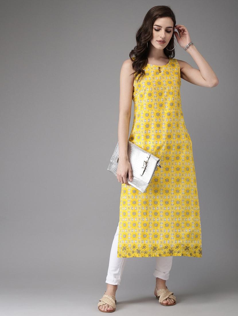 yellow floral print straight kurta - 21145418 - Zoom Image - 0