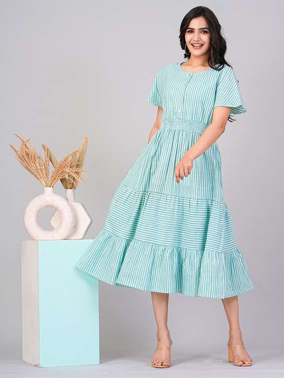 green & white cotton tiered dress - 21148404 -  Standard Image - 2