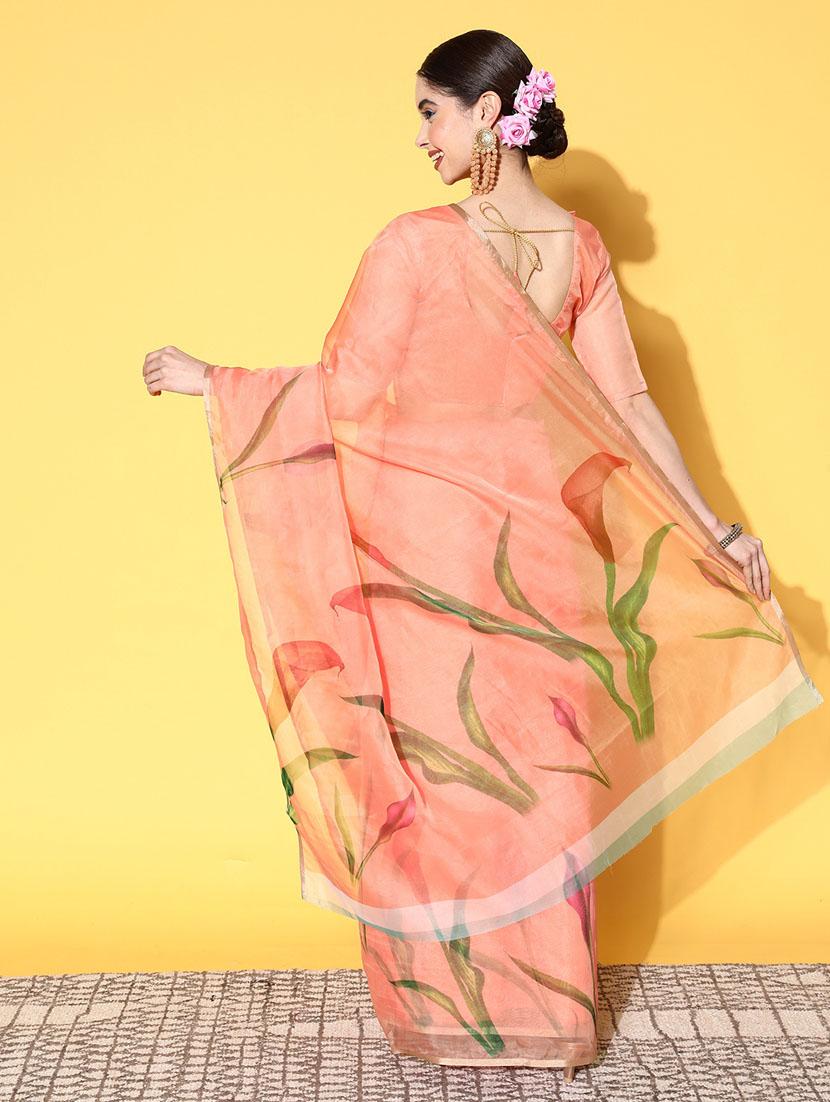 peach organza printed saree - 21148750 - Standard Image - 2
