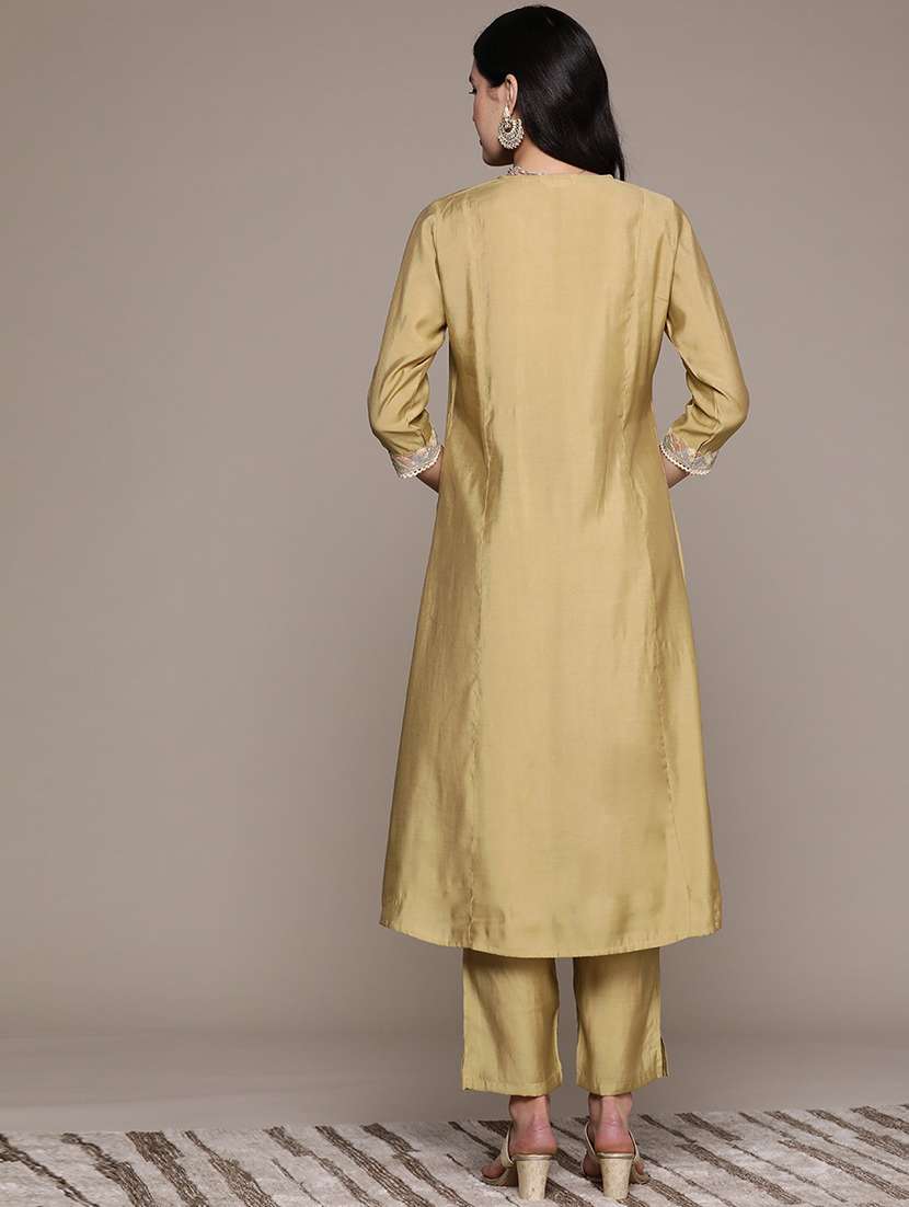 women khaki v neck kurta pant set - 21150565 -  Standard Image - 2