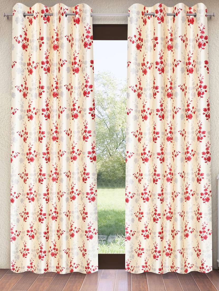 red 2 pieces bloom burst eyelet polyester door curtains 