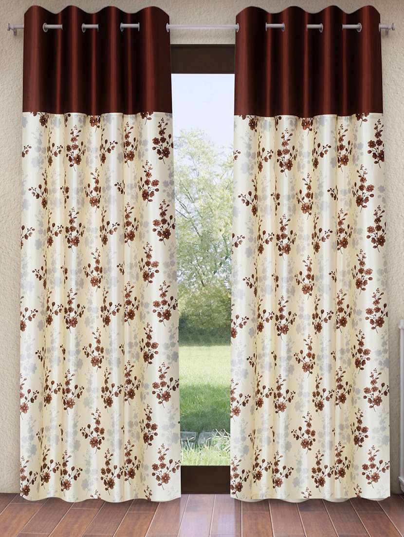 brown 2 pieces solid patch bloom burst eyelet polyester window curtains 