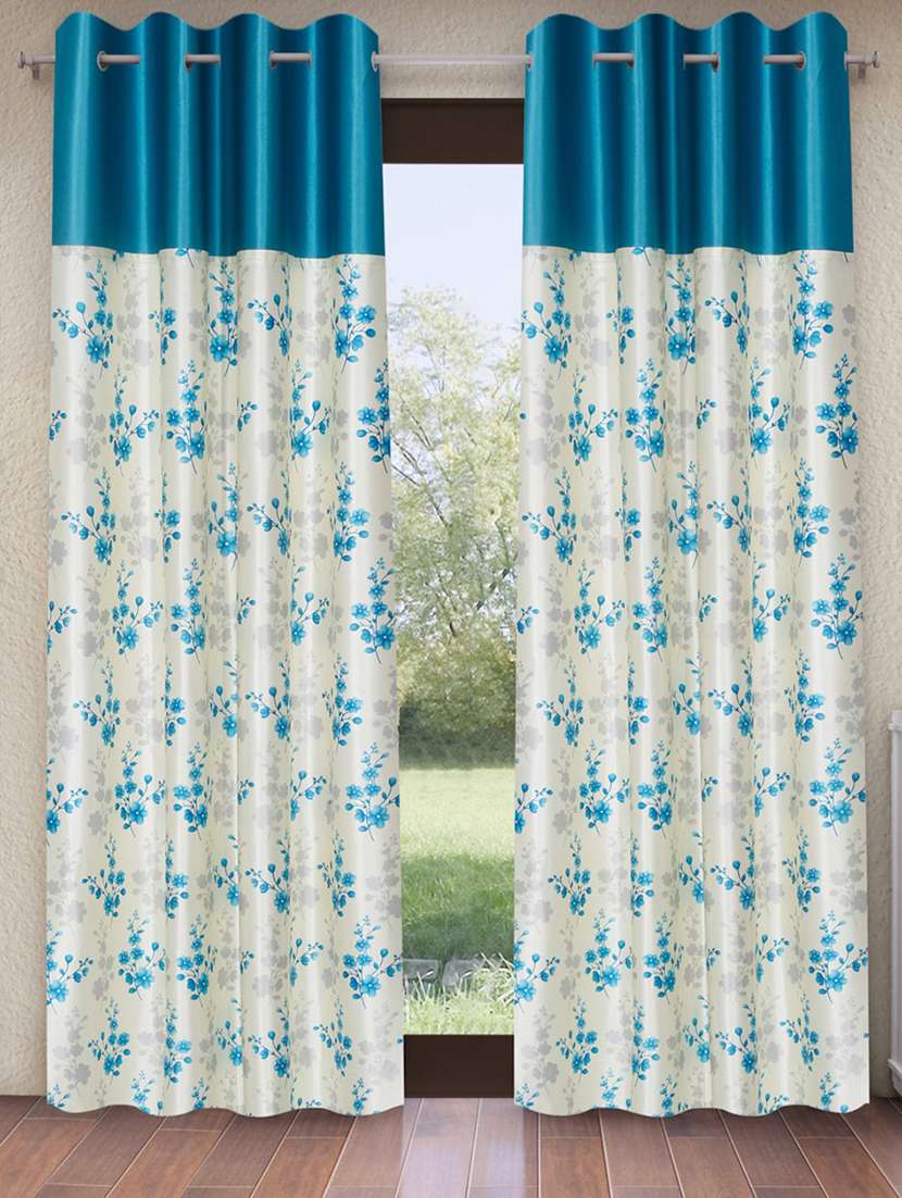 blue 2 pieces solid patch bloom burst eyelet polyester door curtains 