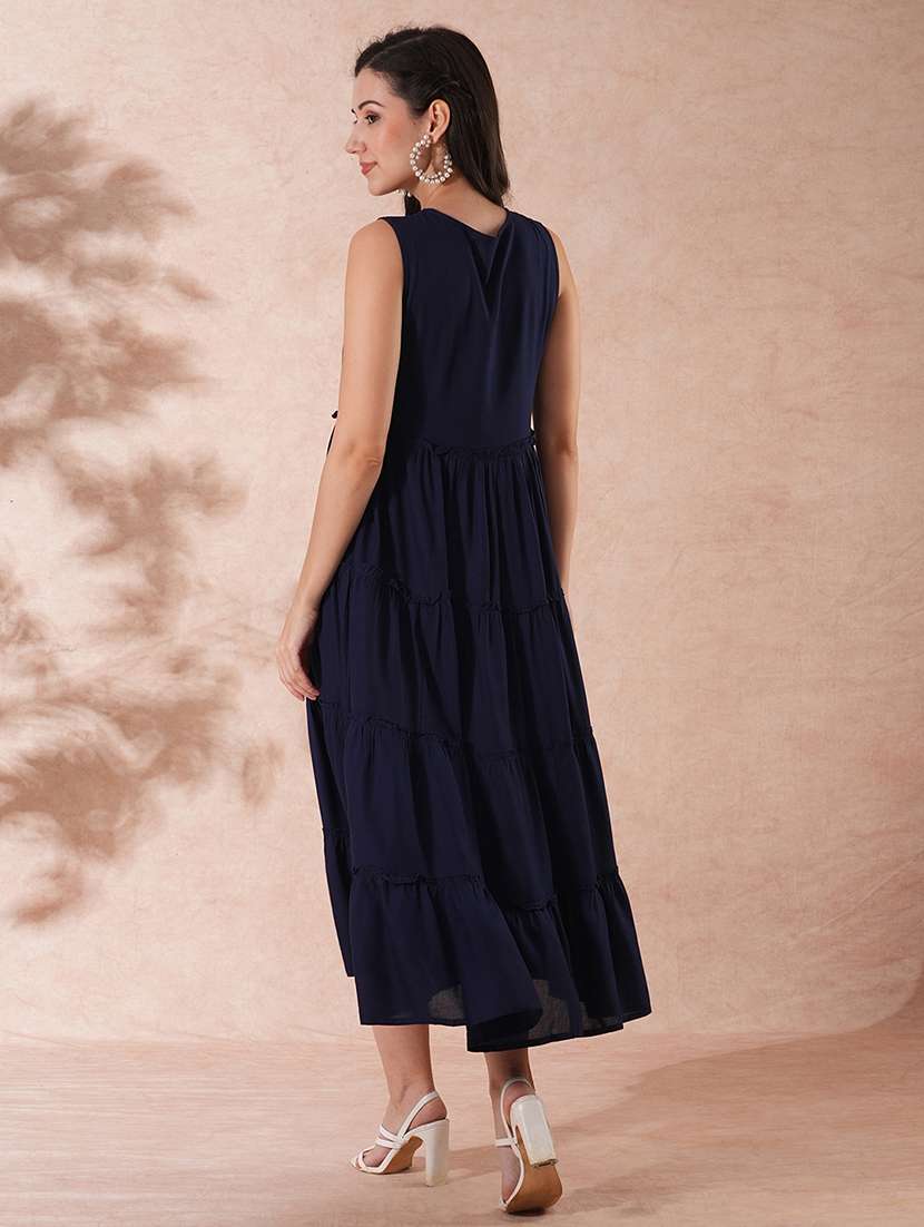 globus women navy embroidered yoke gathered tiered fit & flare maxi dress - 21150661 -  Standard Image - 2