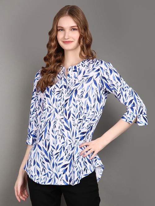 women printed mandrain neck high low top - 21151287 - Standard Image - 0