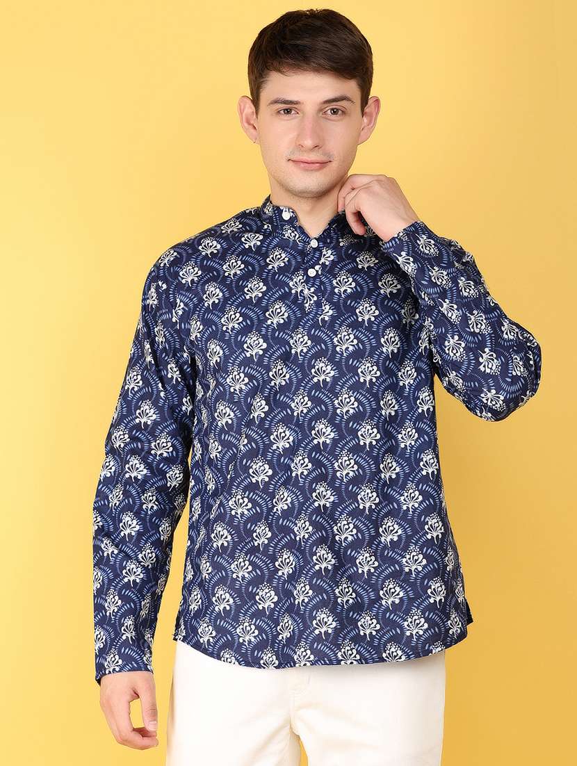 men navy blue printed long sleeves short kurta