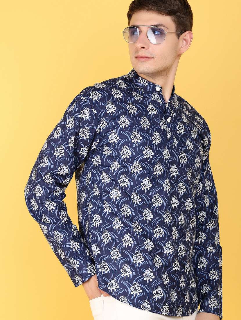 men navy blue printed long sleeves short kurta - 21151803 -  Standard Image - 2