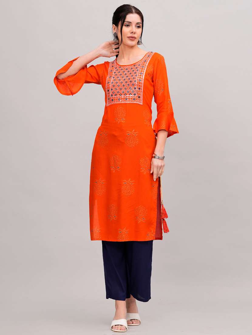 women orange round neck kurta pant set