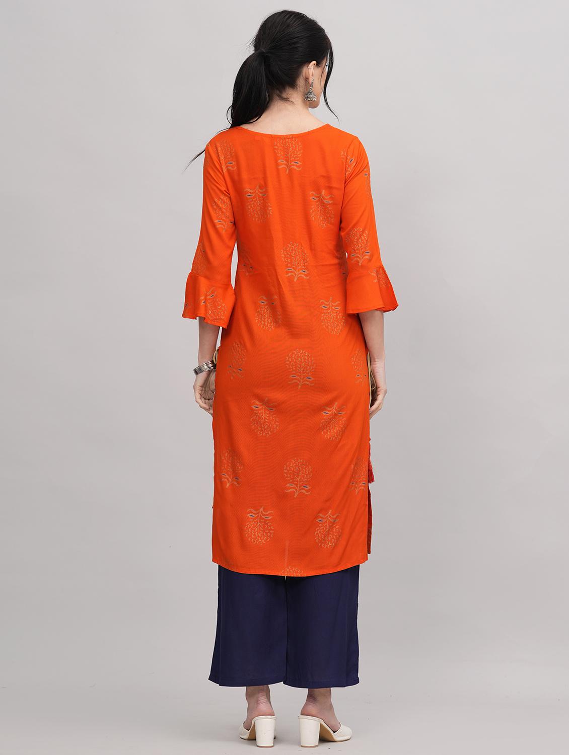 women orange round neck kurta pant set - 21152658 - Standard Image - 2