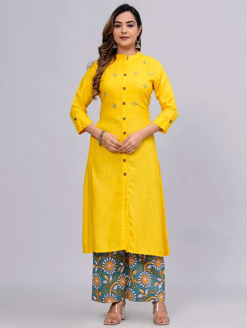 women mandarin neck kurta palazzo set 