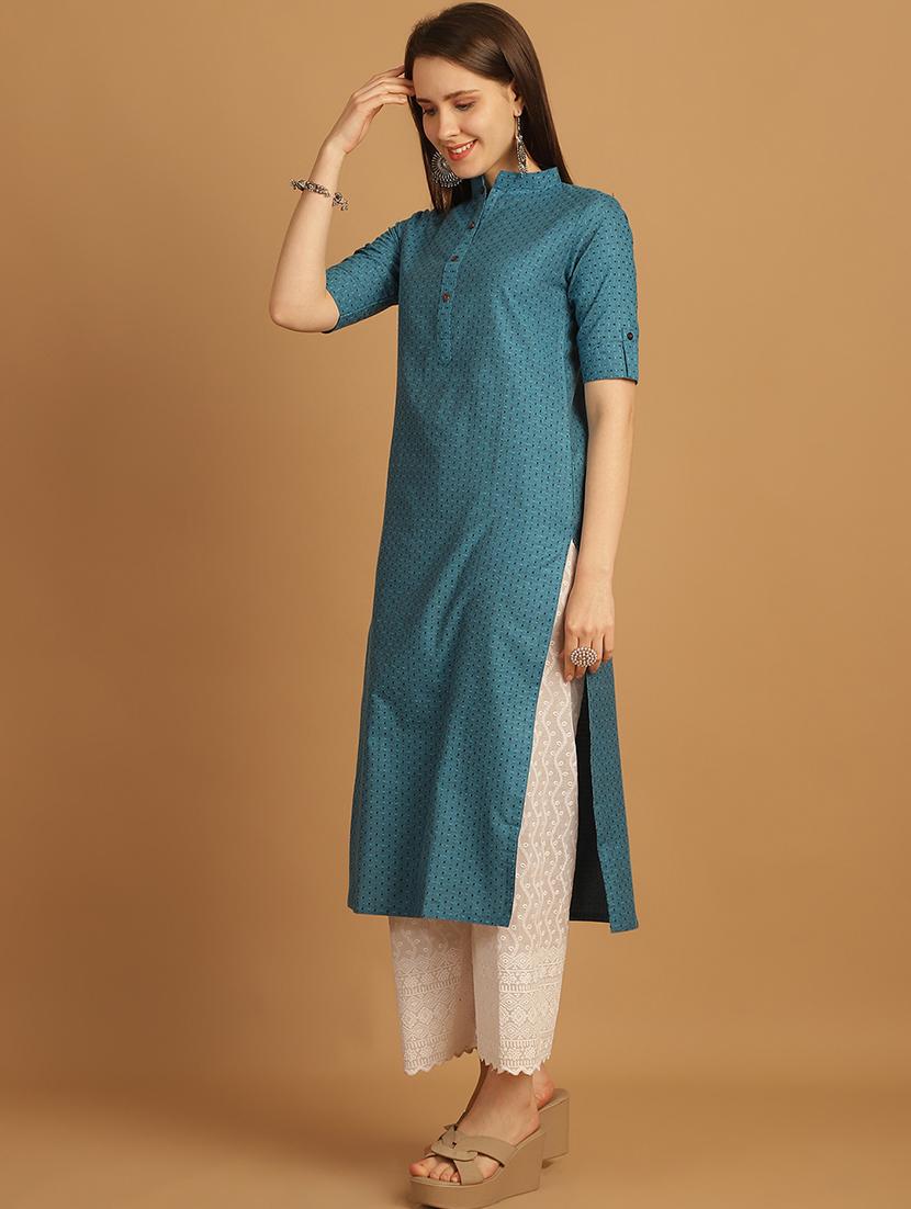 women mandarin neck roll up sleeves straight kurta - 21153500 - Standard Image - 2