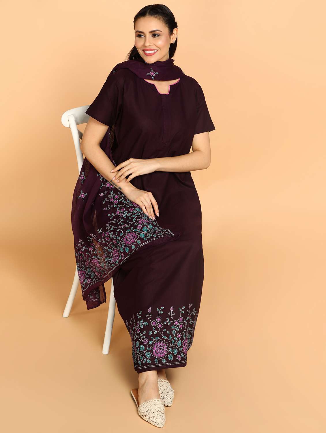 women printed short sleeves nighty with dupatta - 21153684 - Standard Image - 2