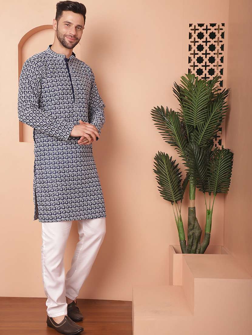 navy blue embroidered kurta pyjama set - 21154093 - Standard Image - 2