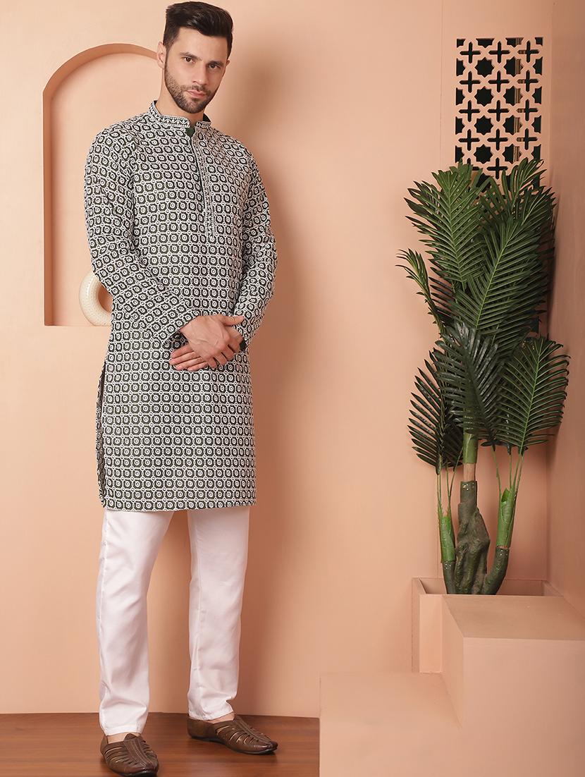 olive green embroidered kurta pyjama set - 21154094 - Standard Image - 2