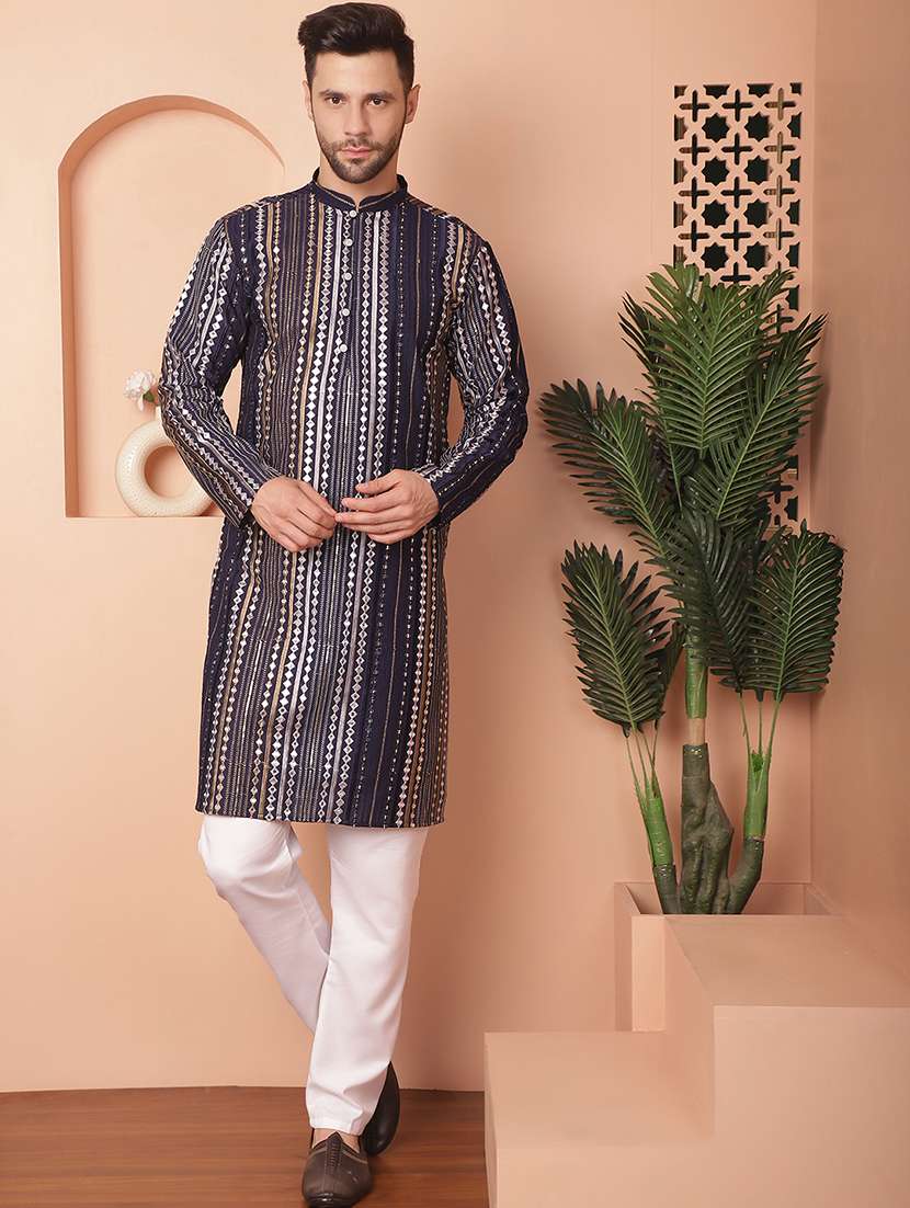 navy blue embroidered kurta pyjama set