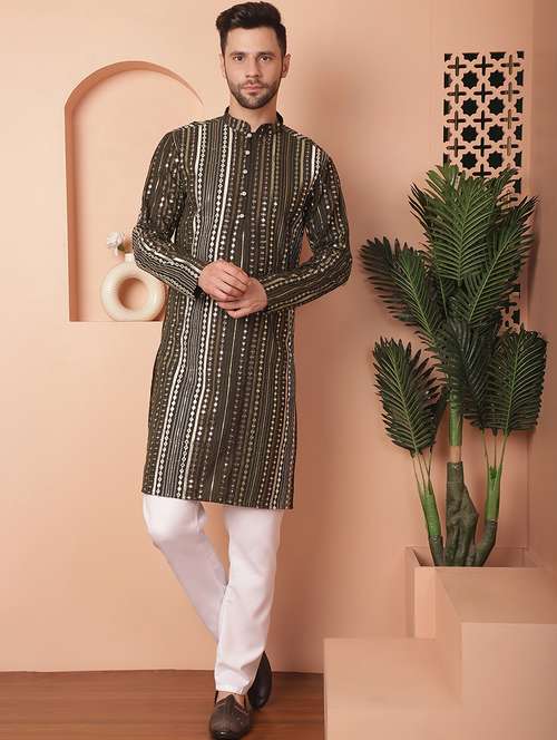 olive green embroidered kurta pyjama set - 21154114 -  Standard Image - 0