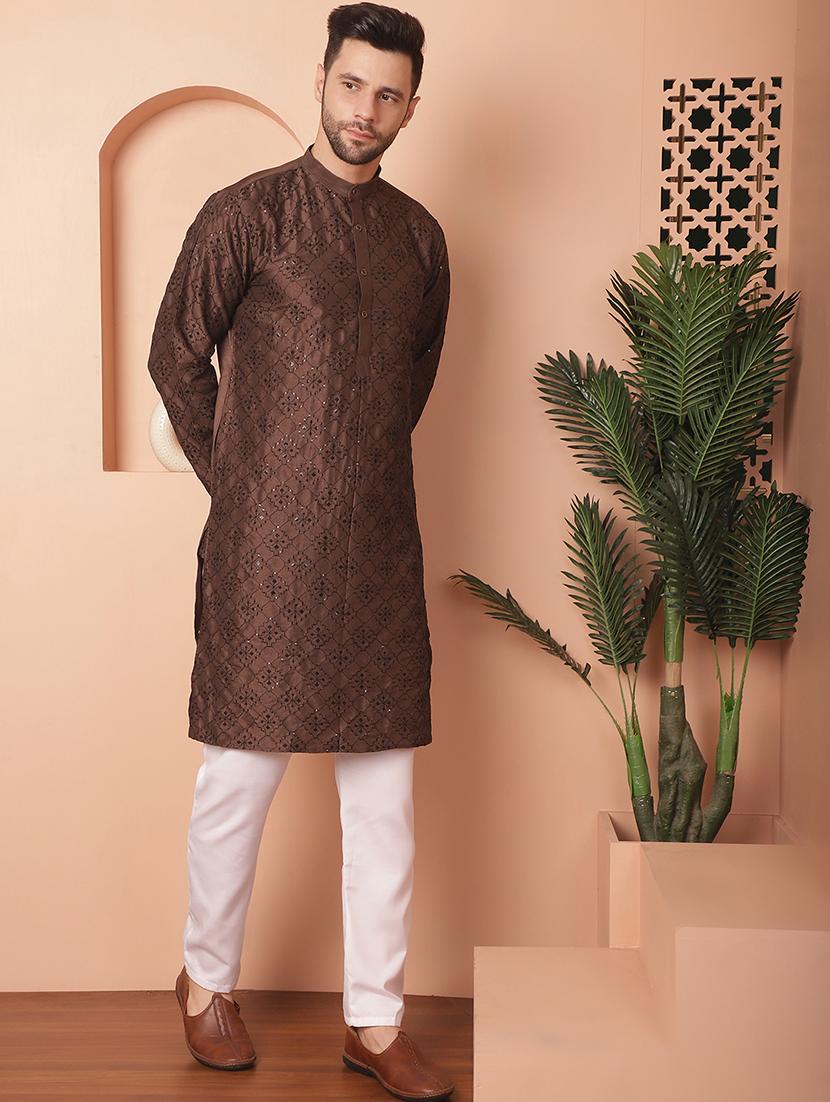 coffee brown self design kurta pyjama set - 21154119 - Standard Image - 2
