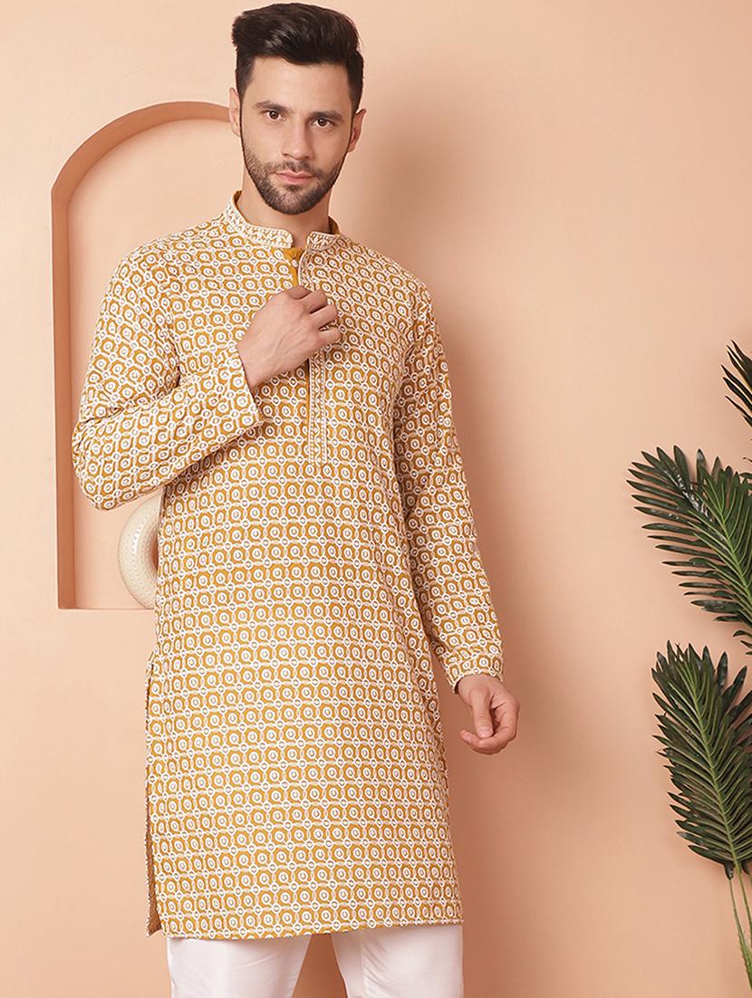 mustard embroidered cotton kurta - 21154123 - Standard Image - 2