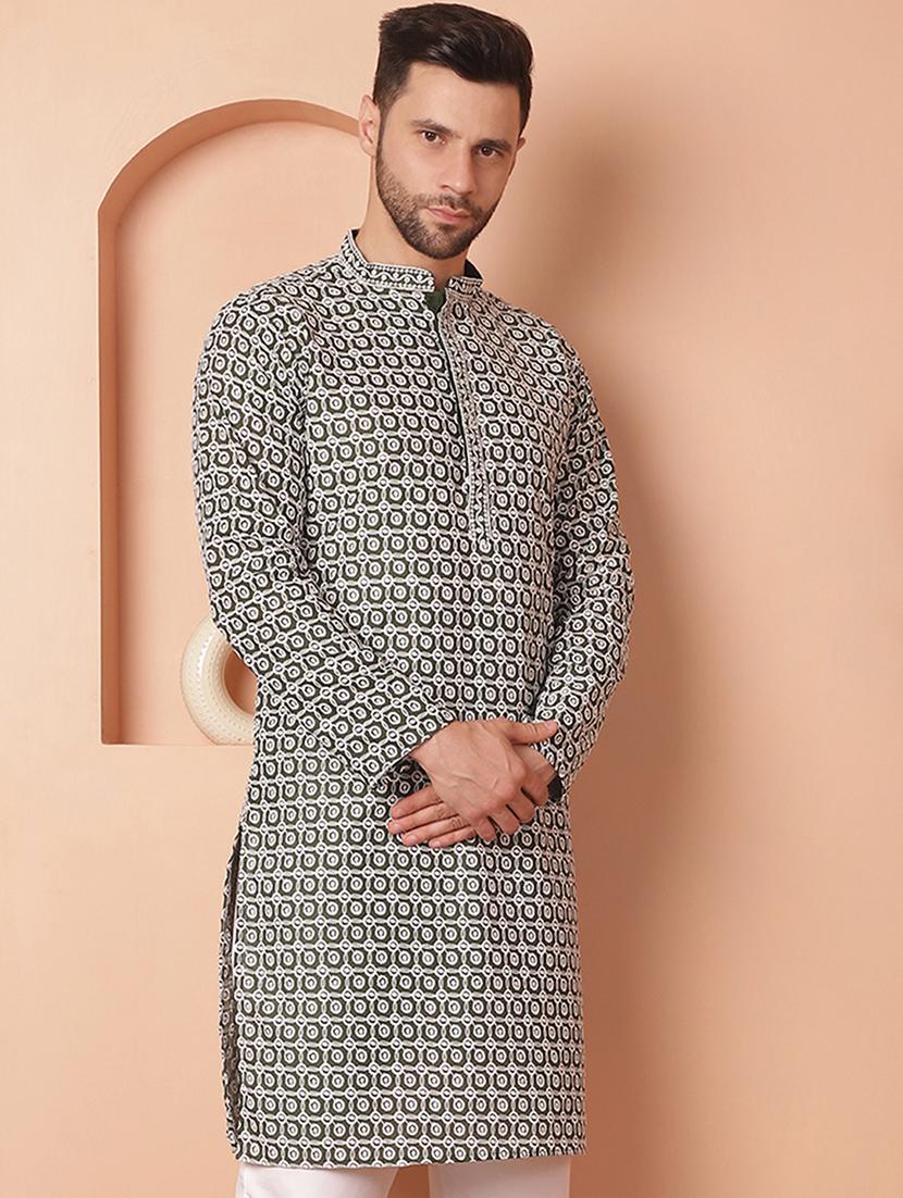 olive green embroidered cotton kurta - 21154125 - Standard Image - 2