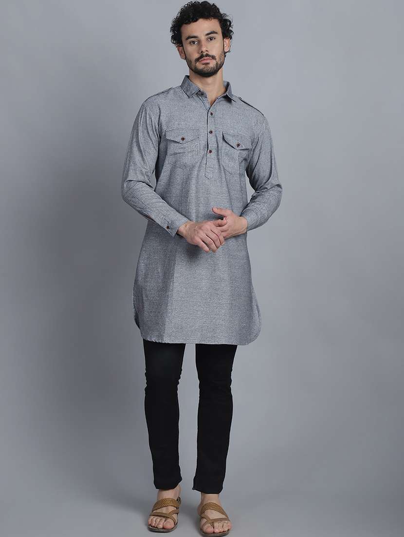 men grey cotton pathani kurta