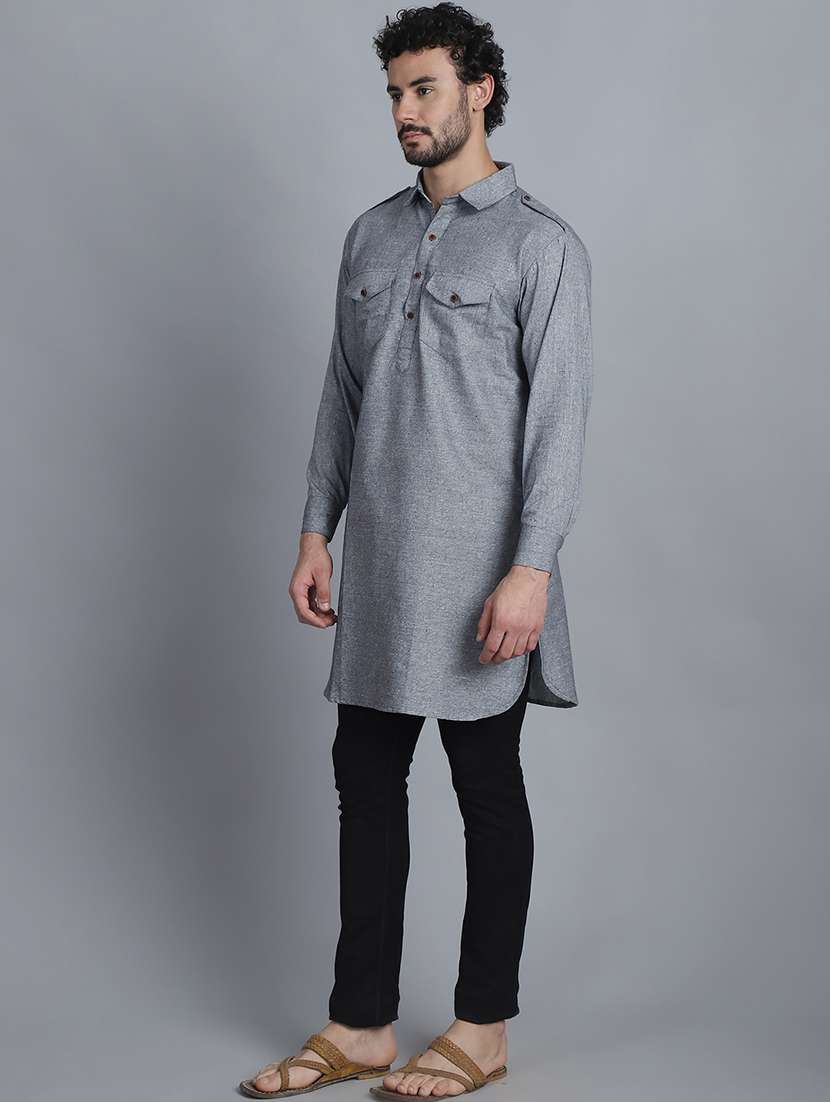 men grey cotton pathani kurta - 21155945 -  Standard Image - 2