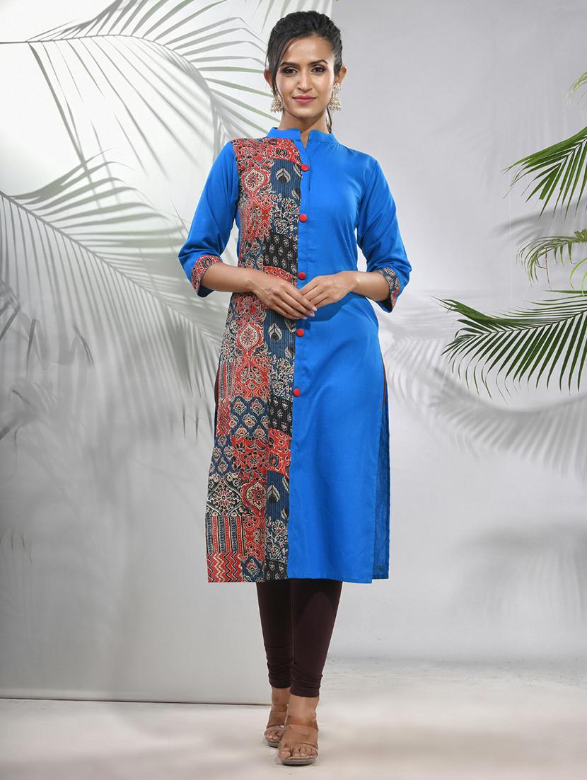 blue cotton straight kurta - 21157658 - Zoom Image - 0