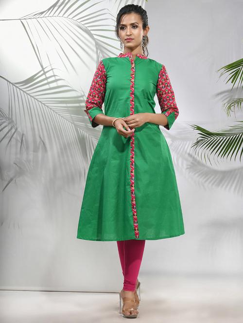 green cotton aline kurta - 21157660 -  Standard Image - 0