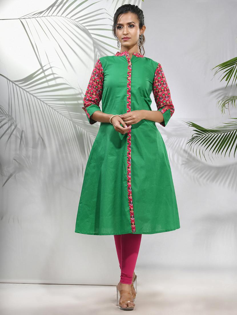 green cotton aline kurta - 21157660 -  Zoom Image - 0