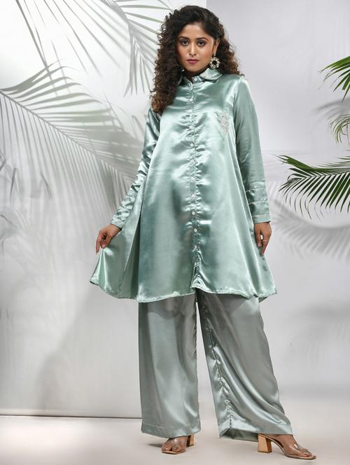green satin fusion kurta - 21157700 -  Standard Image - 0