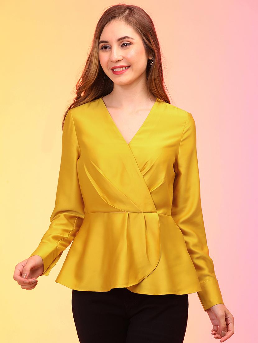 globus women yellow wrap neck cuffed sleeves pleated satin workwear top - 21158021 -  Zoom Image - 0