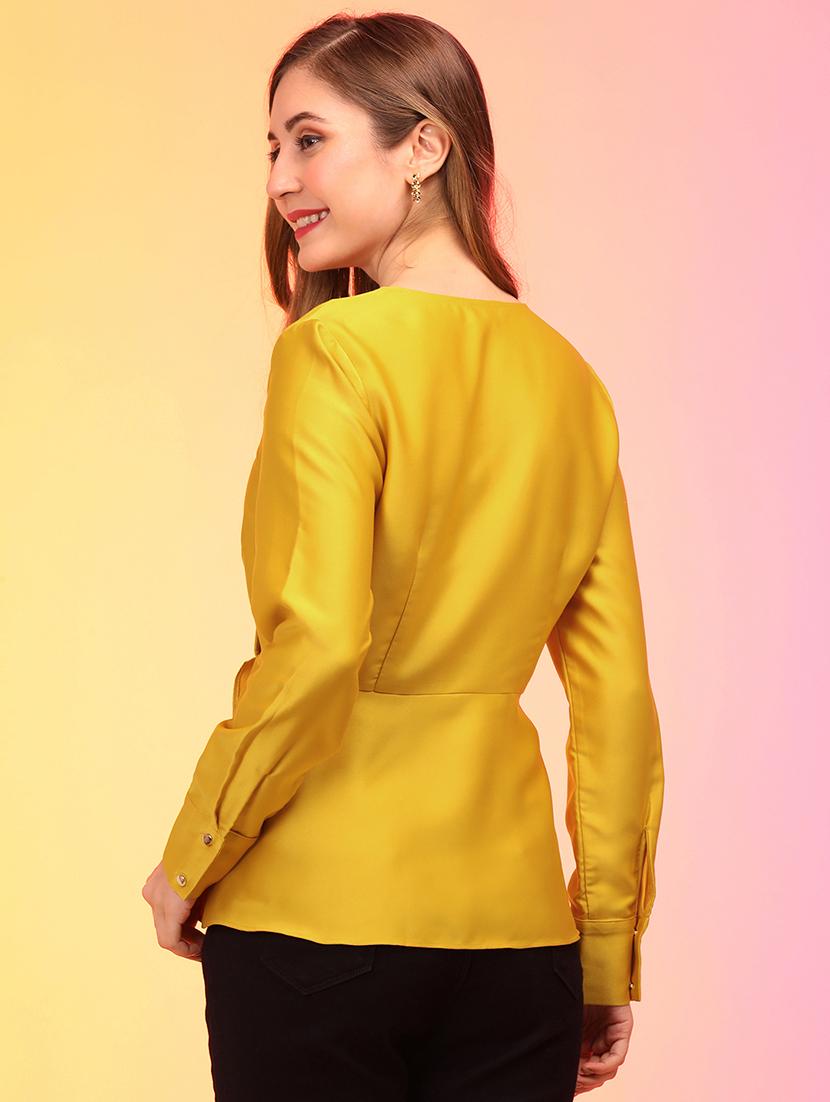 globus women yellow wrap neck cuffed sleeves pleated satin workwear top - 21158021 - Standard Image - 2