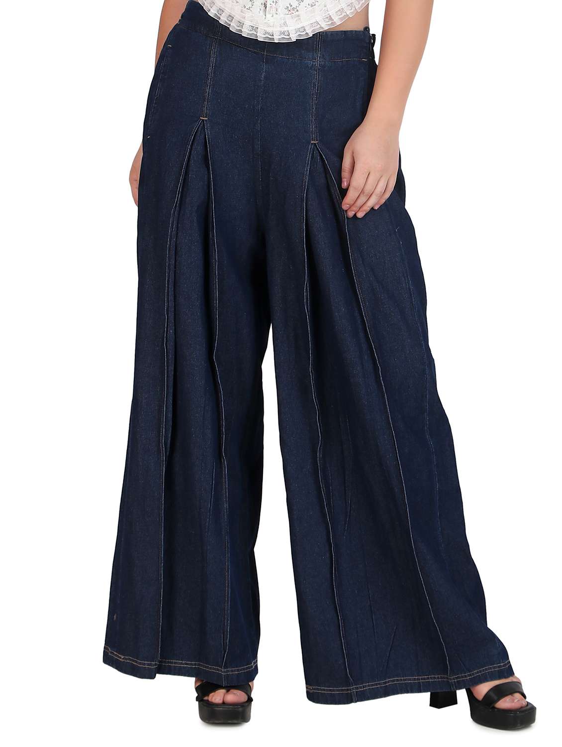 women solid pleated wide leg trouser