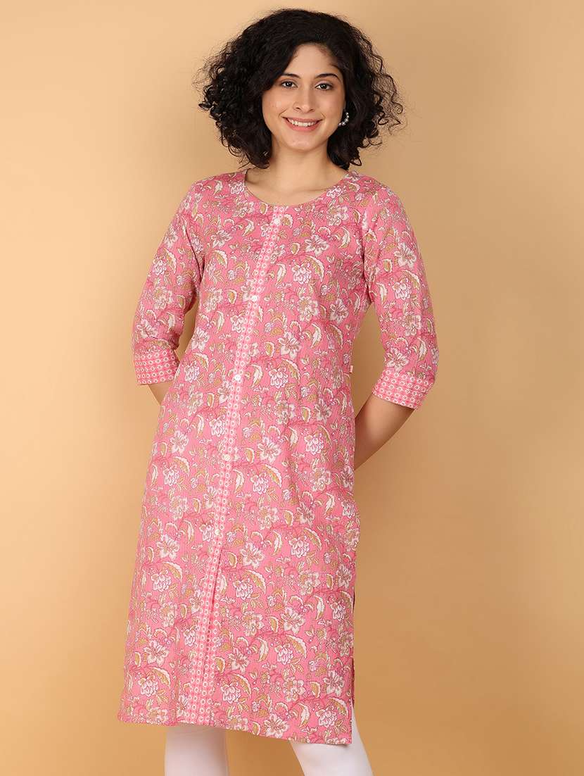 women pink floral straight kurta