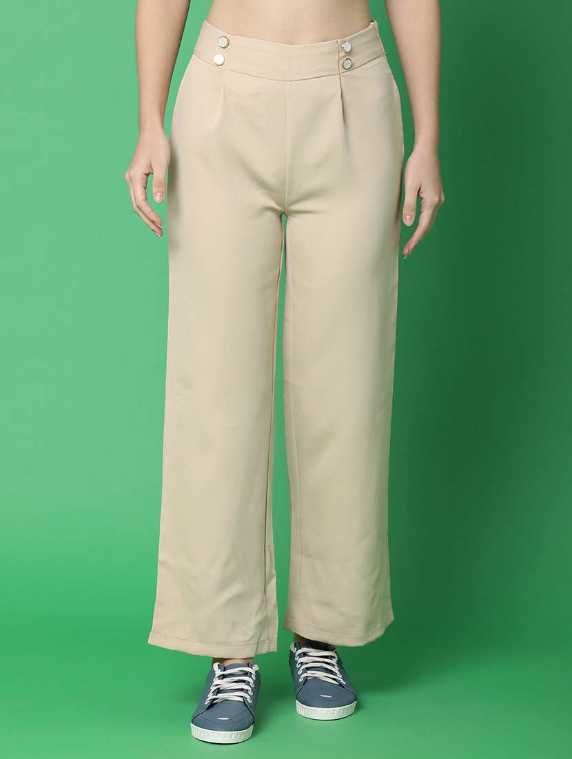 women beige polyester wide leg trouser