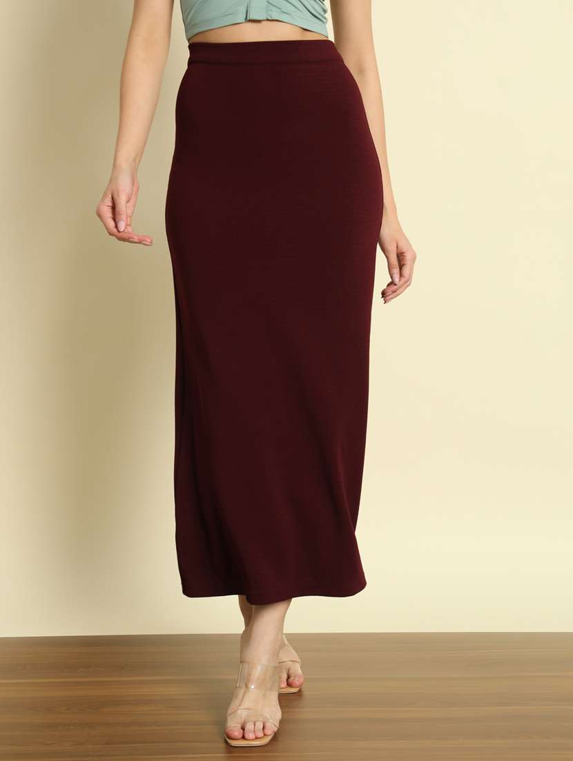 solid burgundy polyester straight skirt