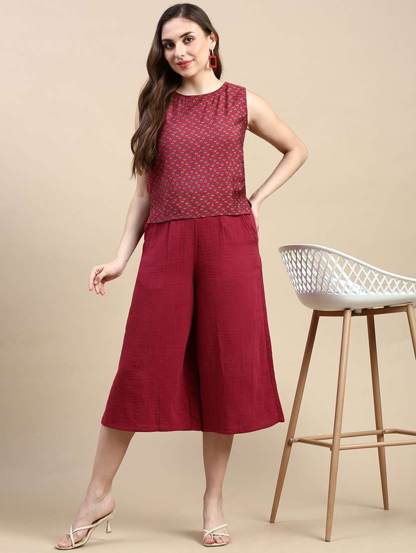 maroon cotton culottes trouser - 21162021 - Standard Image - 2