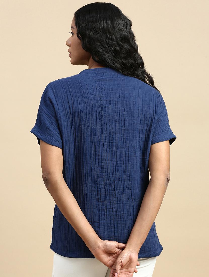 solid navy blue cotton regular top - 21162043 - Standard Image - 2