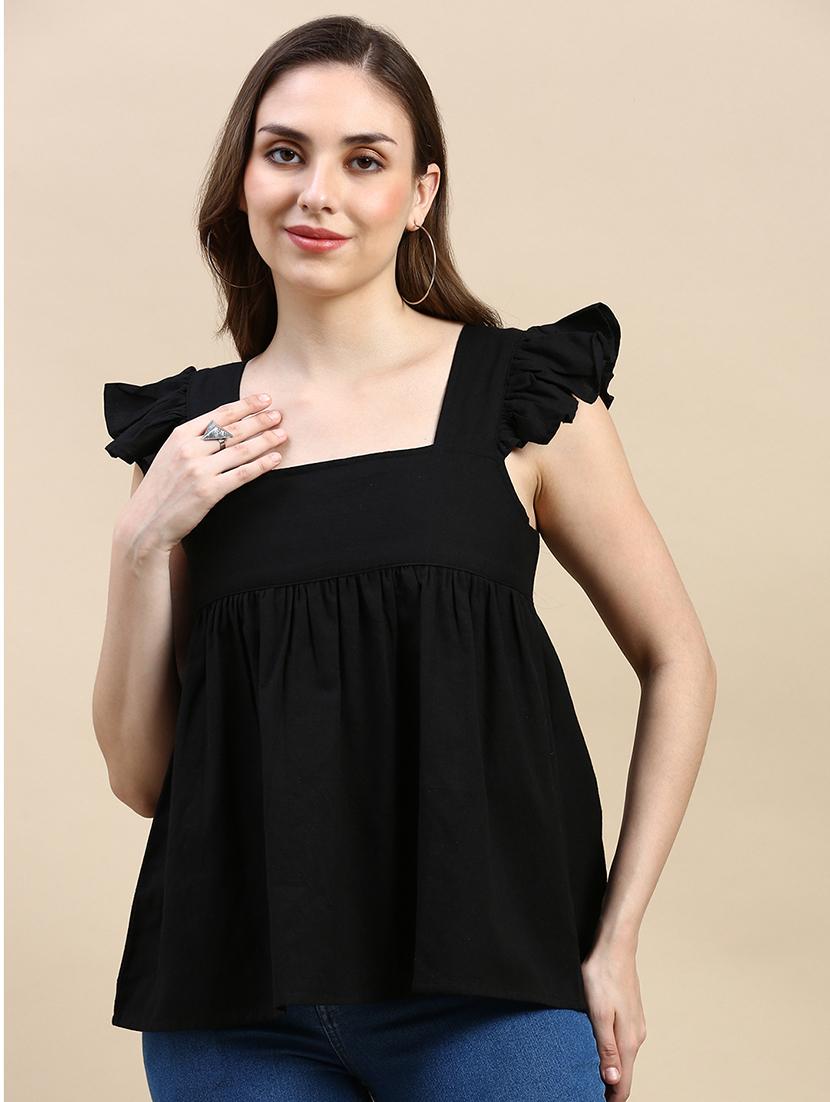 solid black cotton casual top - 21162050 - Zoom Image - 0
