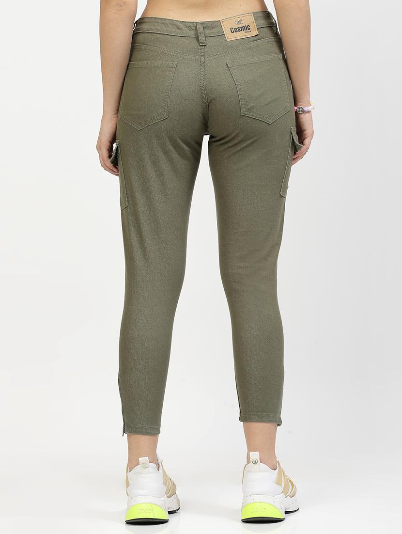 women solid olive green cotton blend cargos - 21167363 - Standard Image - 2