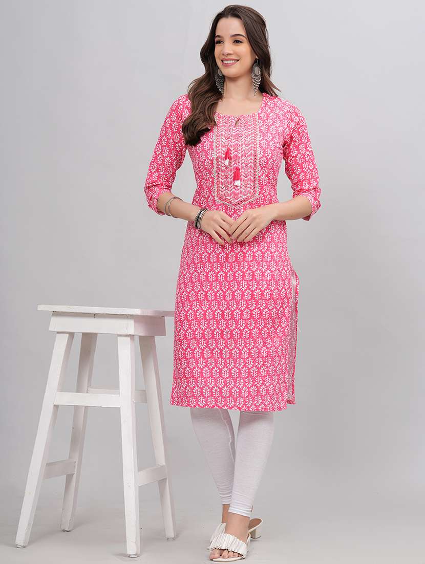 women pink three quarter sleeve straight kurta - 21167368 - Zoom Image - 0
