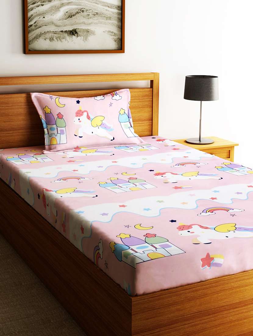 home sizzler 144tc microfibre kid's unicorn single bedsheet with 1 pillow cover