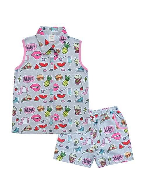 girls quirky printed collared shorts set - 21167897 -  Standard Image - 0