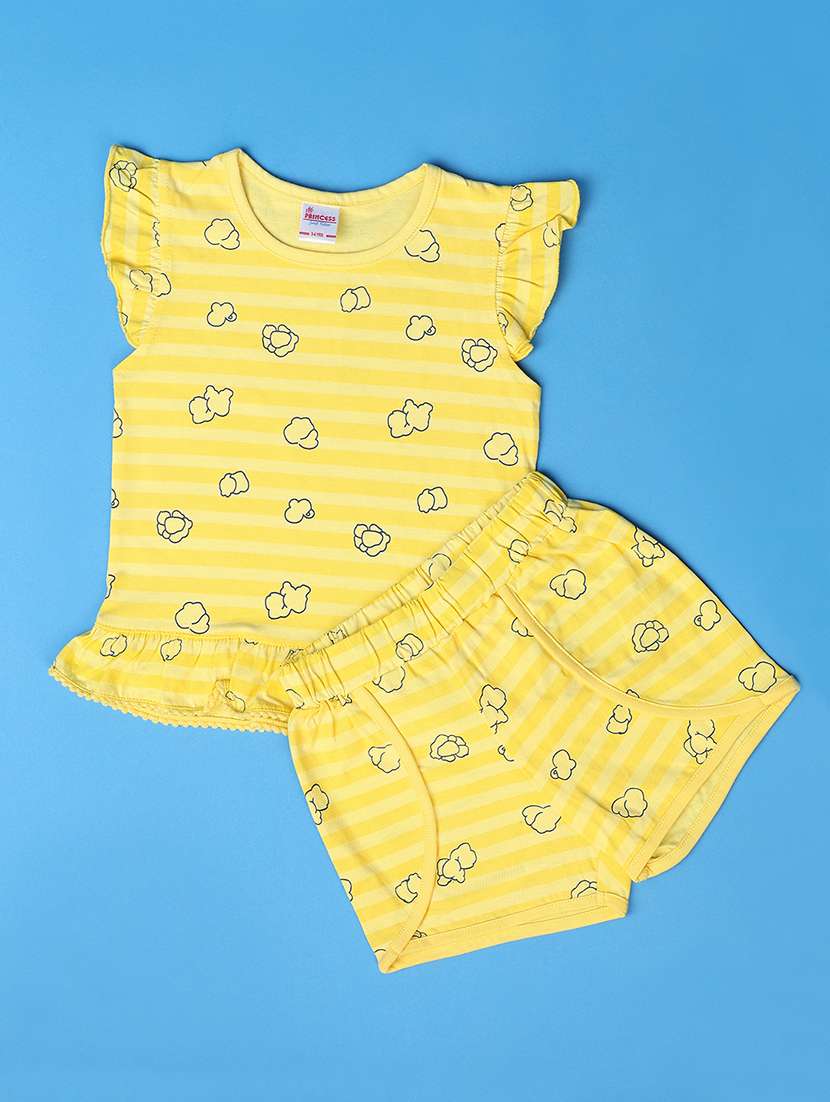 girls yellow printed shorts set