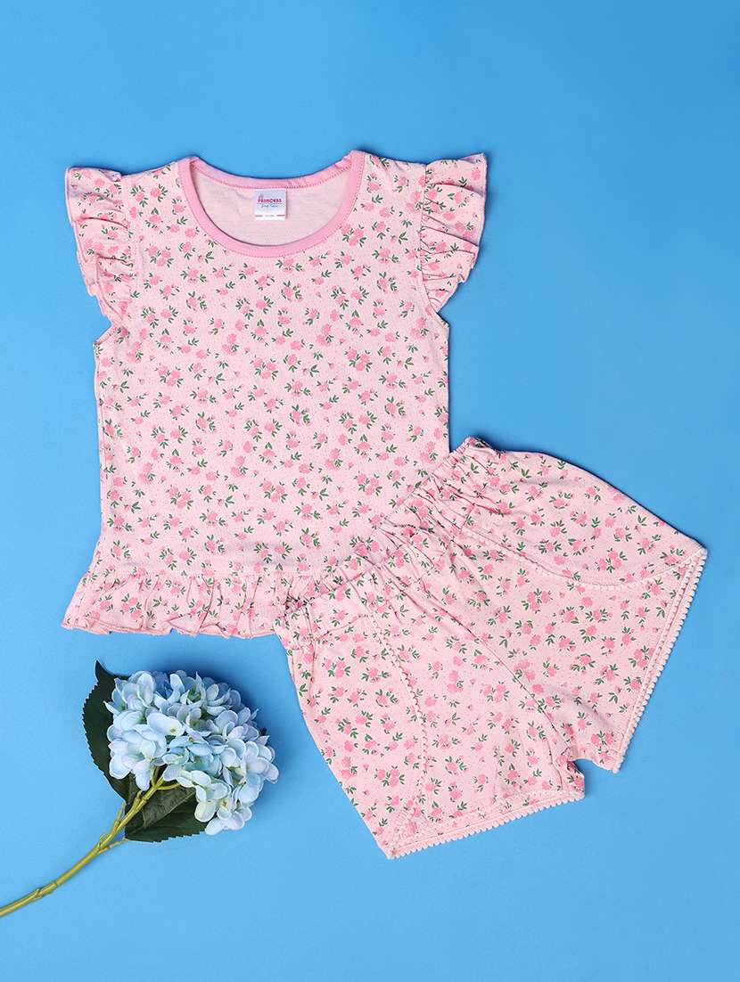 girls pink floral printed shorts set