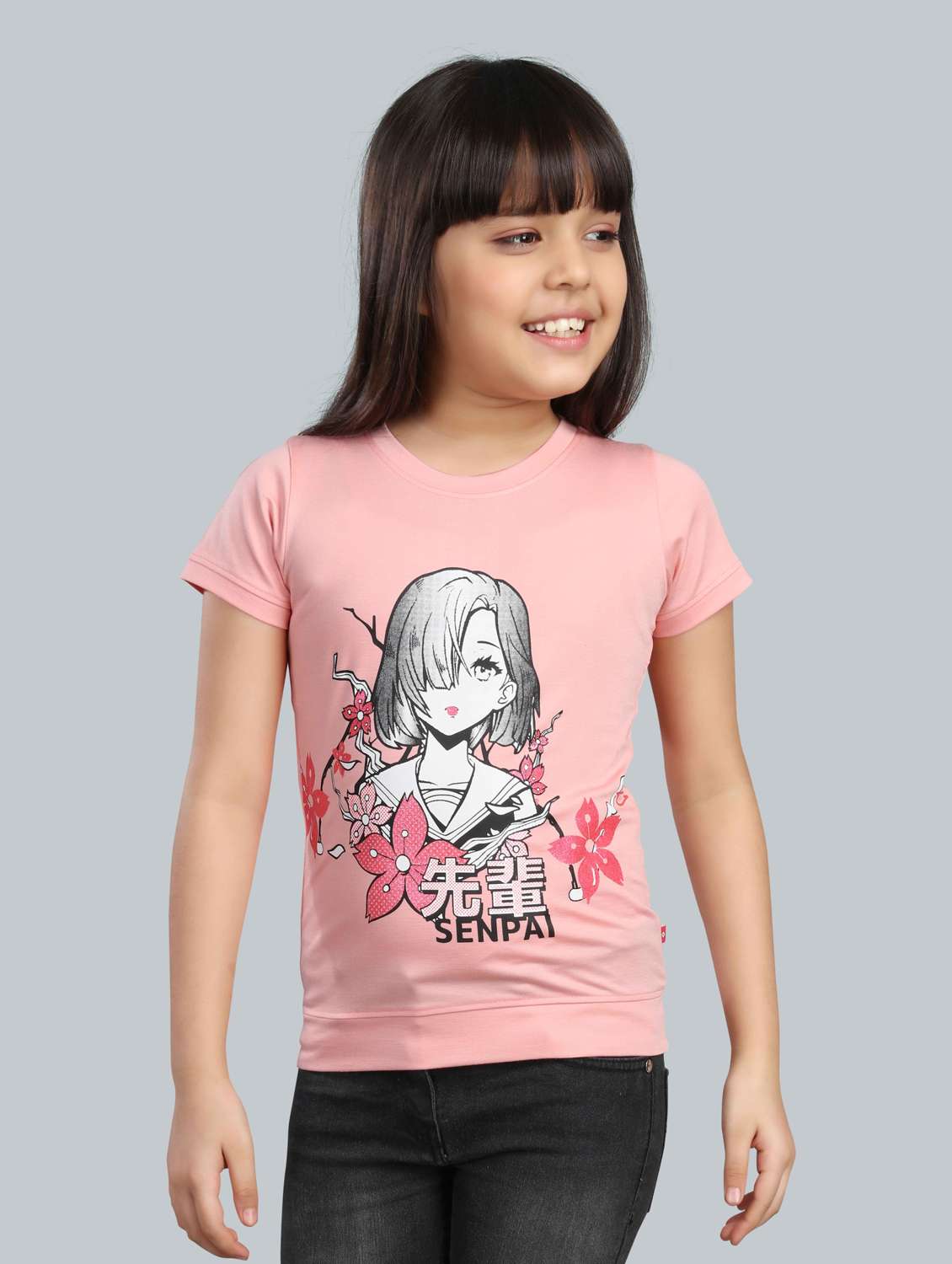 girls round neck graphic printed tees